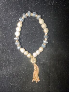 Gold Tassel Bracelet with White and Light Blue Beads